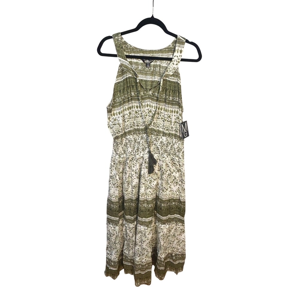 Mlle Gabrielle Women's XL Green Floral Smocked Tiered Maxi Dress Boho Prairie
